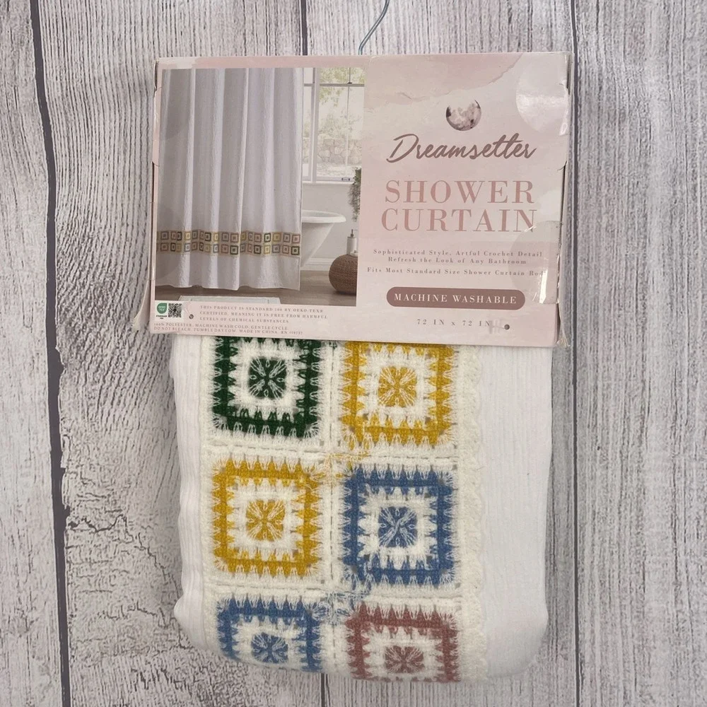 Dreamsetter Shower Curtain White Gauze Crochet Granny Square Quilt Hem Boho
